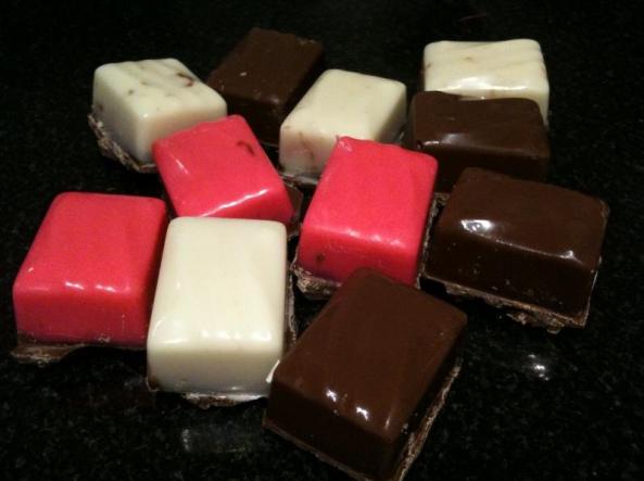 Strawberry Cream Filled Chocolates (pink & white are both white chocolate, and brown is milk chocolate)